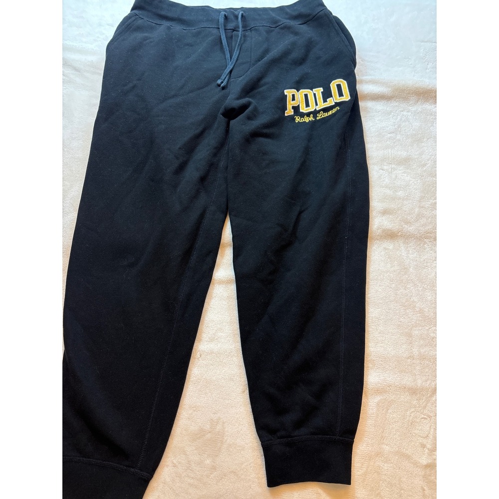Polo Ralph Lauren Mens XL Black Fleece Joggers Yellow Script Logo Sweatpants